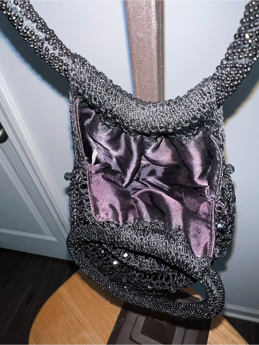 Vintage Y2K Black Beaded Crochet Evening Bag – Ring Handle